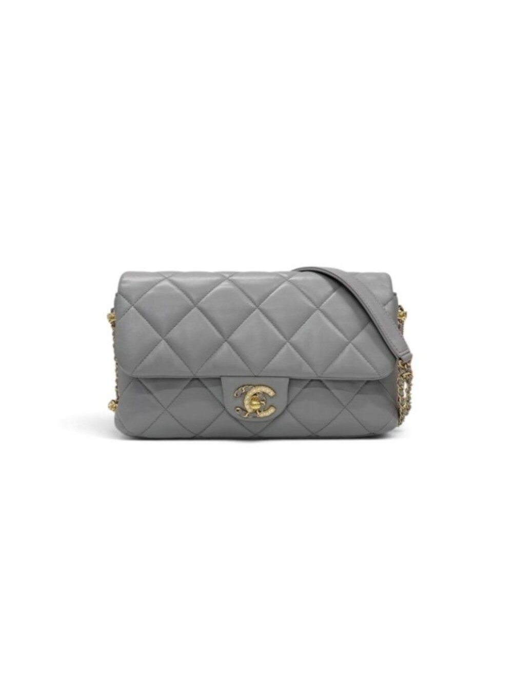 Chanel Shoulder Bag Gray Gold Quilted CC Logo Pearl Turnlock Chain